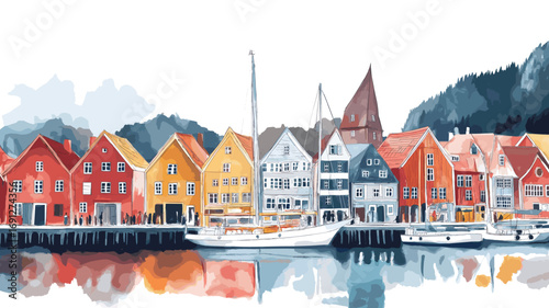 Bryggen Wharf. Bryggen Wharf watercolor vector illustration