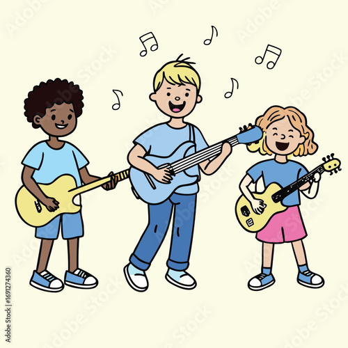 Joyful diverse children playing guitars together making music and singing happy songs vector