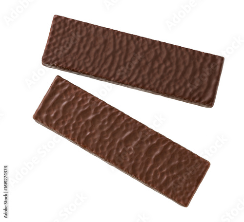 Chocolate wafer bar isolated on white background. Two chocolate waffles isolated on white background. Top view.