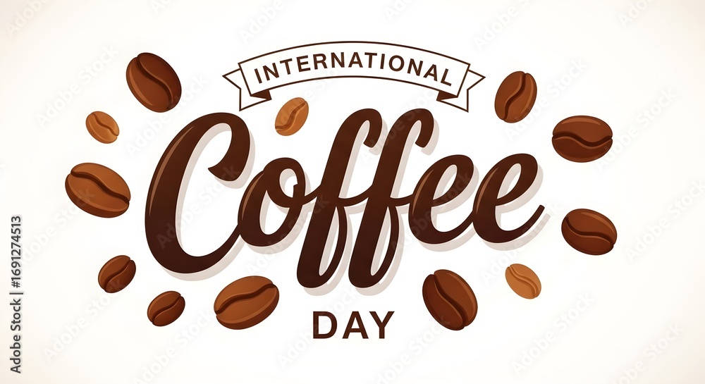 Obraz premium International Coffee Day Celebration Banner Design with Hand-Lettered Typography and Scattered Coffee Beans