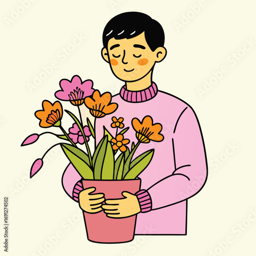 Joyful young asian boy holding a pot of bright colorful flowers with eyes closed vector