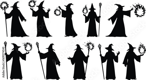 Ten wizard silhouettes conjuring fireballs with staffs in magical poses, ideal for fantasy vector art, gaming, storytelling, and character design.