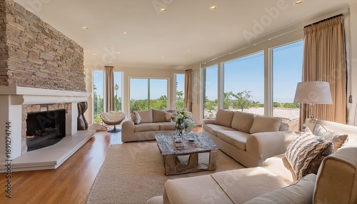 tall elegant fireplace in upscale florida living room with light beige walls white ceiling vertical stone tiles large window with blue sky comfortable sofas and coffee table