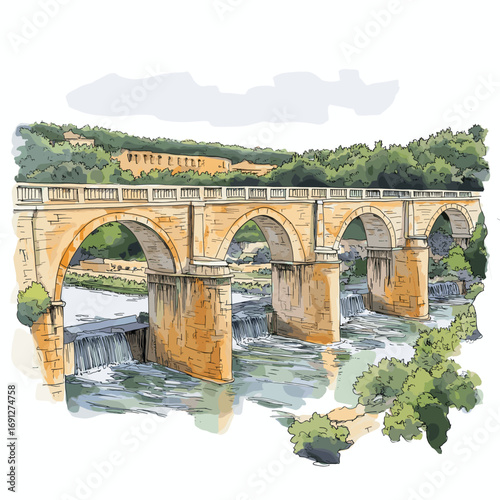 Pont du Gard. Pont du Gard watercolor vector illustration