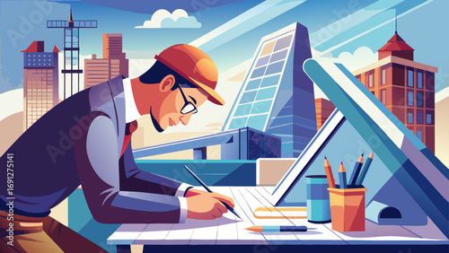 Architect in modern office leans over desk sketching with pencil. Isolated white background conveys creativity, technical precision, and visionary power of architectural design.
