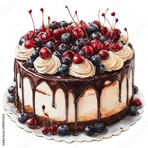 Black Forest Cake, watercolor illustration vector, isolated on a white background.