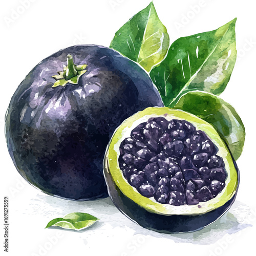 watercolor vector of Black Sapote, isolated on a white background.