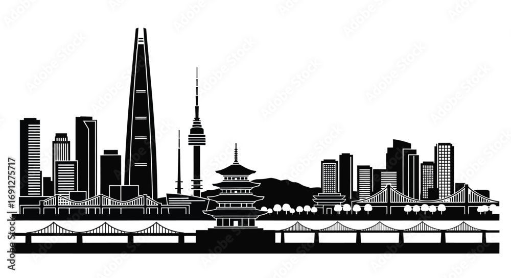 Naklejka premium Seoul City Skyline Illustration