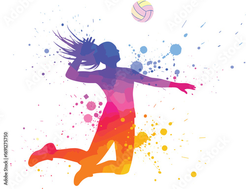 Colorful volleyball player silhouette, dynamic spiking pose, vibrant sports illustration, flat vector, cad drawing, stock image, athletic theme