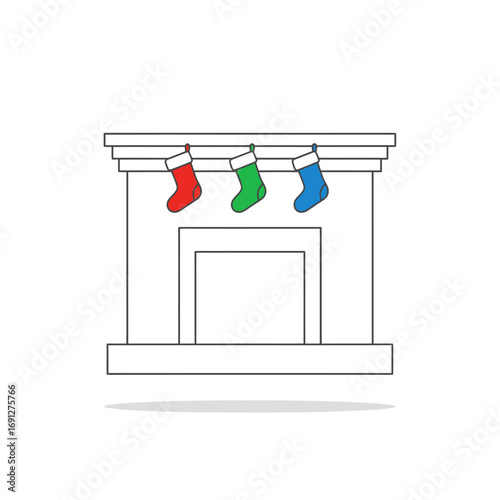 Christmas Fireplace with Three Colorful Stockings
