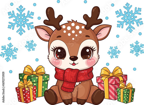 Cute cartoon reindeer with gifts, festive winter illustration, cheerful holiday character, flat vector, cad drawing, stock image, Christmas theme