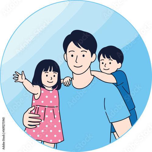 Father with children cartoon, cheerful family bonding illustration, affectionate character pose, flat vector, cad drawing, stock image, parenting theme
