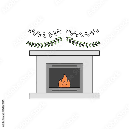 Simple Illustrated Fireplace with Burning Fire and Decorations