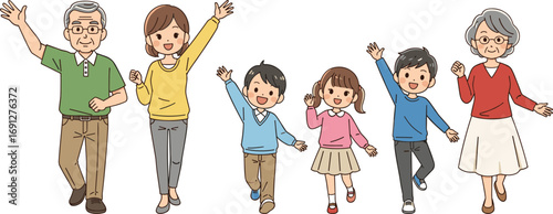 Multigenerational cartoon family waving, cheerful character group illustration, flat vector, cad drawing, stock image, togetherness and bonding theme
