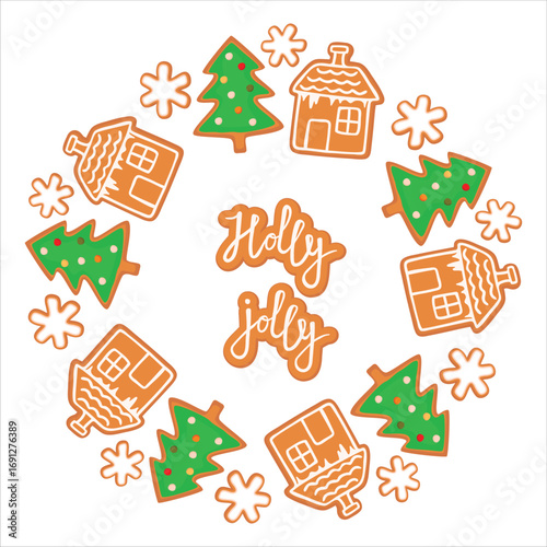 Christmas card with gingerbread house, christmas tree and snowflake. Round shape frame with cartoon objects on white background. Holly jolly poster with cookie. Vector flat colors illustration.