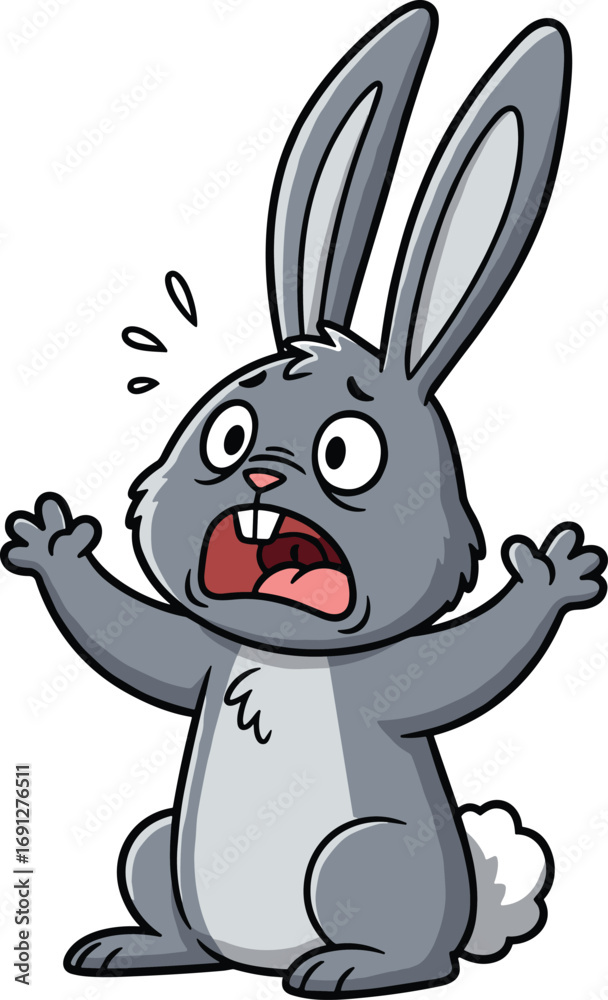 Obraz premium Surprised cartoon rabbit illustration, expressive animal character with raised arms, flat vector, cad drawing, stock image, emotion theme