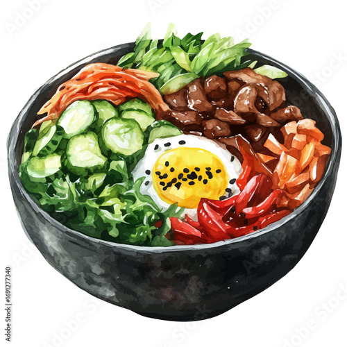 watercolor vector of Bibimbap, isolated on a white background.
