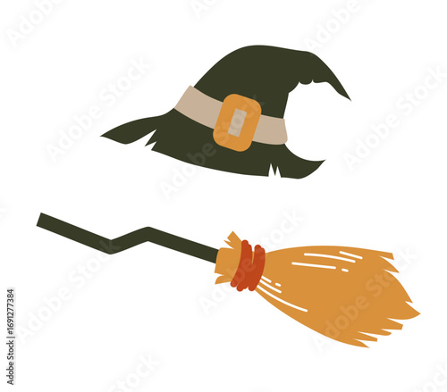 ハロウィン用の魔女の帽子とホウキのイラストセット/Halloween Witch Hat and Broom Illustration Set