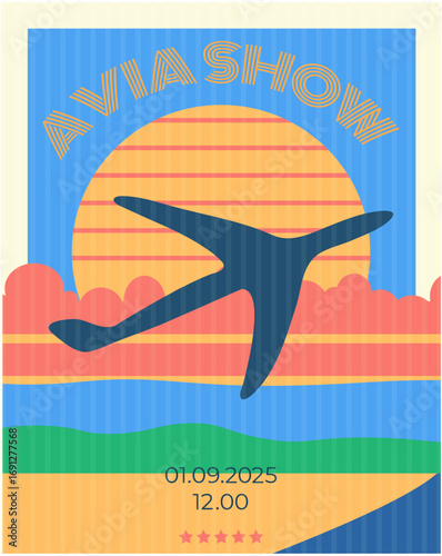 Avia, air show poster, poster, airplane against the background of the sky and sun, aviator club poster, retro style, airplanes