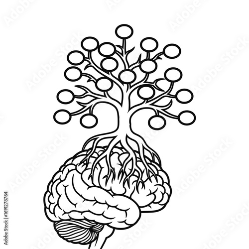 Black and white outline icon of a skill tree branch with brain roots