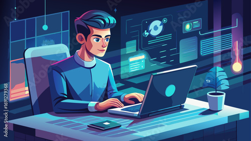 close up Programmer at sleek desk types on glowing laptop. Isolated white background reflects focus, innovation, and minimalist elegance of digital workspaces.