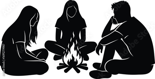 Three people sitting around a campfire at night, silhouetted against the flames.