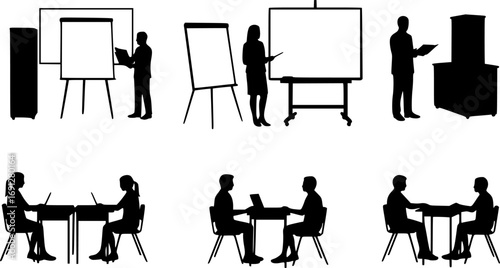 Classroom Scene Featuring Students and Teacher in Black Silhouette Style silhouette black depicts
