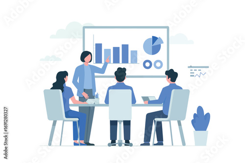 Business meeting team presentation strategy growth data analysis whiteboard success collaboration corporate