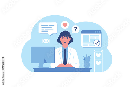 Confused woman with question mark over head sitting at desk with computer and tasks on screen