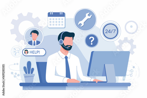 Customer service representative wearing headset working on computer with support icons for seamless client assistance and problem resolution