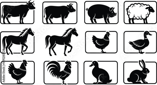 Black silhouettes of various farm animals including cows, pig, sheep, horses, chickens, ducks, rooster, and rabbit in individual frames.