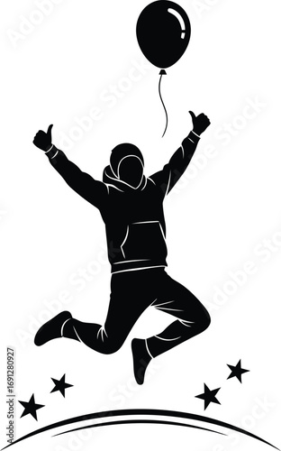 Silhouette of a person jumping with joy, arms raised, and a balloon, celebrating success.