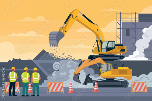 Heavy duty construction scene with excavators and workers on a building site at dusk
