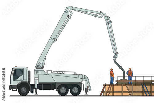 Concrete pump truck arm delivering material for construction project with workers overseeing operations