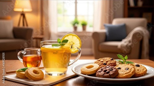 Wallpaper Mural A steaming cup of lemon mint tea and a variety of baked cookies rest on a wooden table in a sunlit living room with blurred armchairs and a lamp Torontodigital.ca