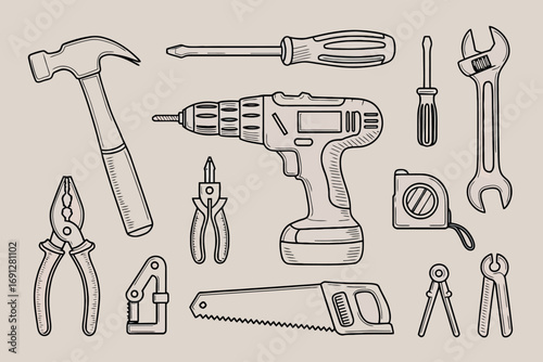 Set of hand tools and power tools artistic line drawing for diy home improvement and construction projects