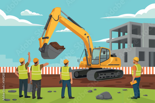 Construction site scene with excavator and workers in hard hats and safety vests building a structure under a cloudy sky