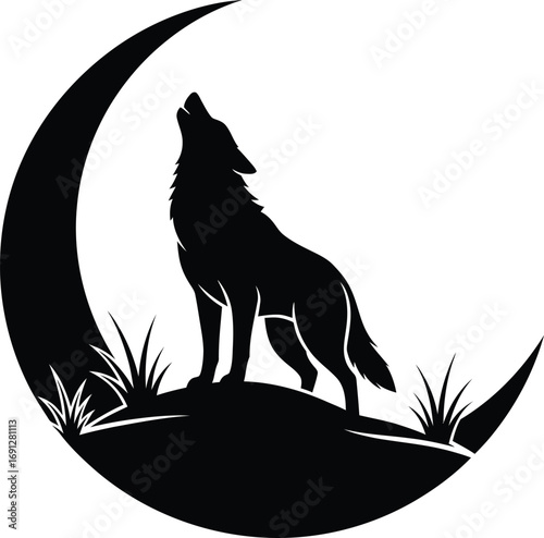 Silhouette of a wolf howling at the moon, standing on a hill.