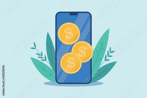 Modern flat design smartphone showing digital coins concept for mobile payments and finance