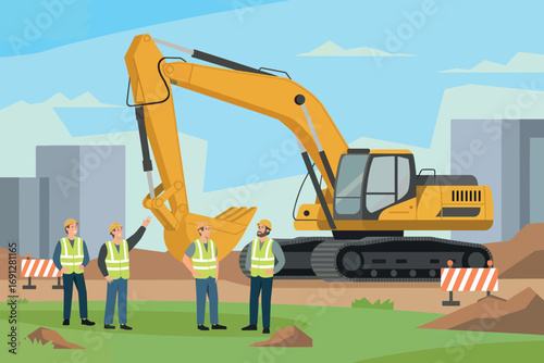 Yellow excavator machine and construction workers on building site scene with blue sky and buildings