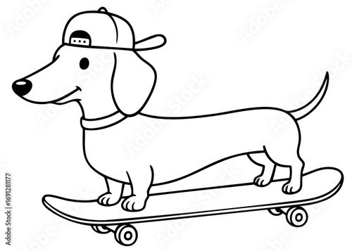 Cool dachshund dog riding skateboard with cap, funny stylish puppy character, extreme sport