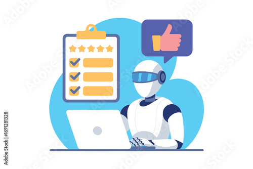 Modern ai robot assisting with customer service tasks and feedback on a digital platform