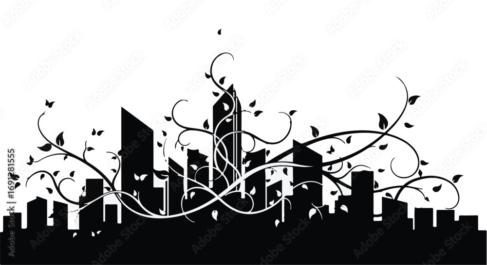 Obraz premium Organic city skyline with vines and leaves creating a natural, sustainable urban landscape.