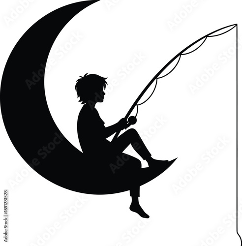 Whimsical silhouette of a person fishing from a crescent moon, a dreamy black and white illustration.