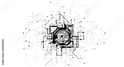 Complex blueprint of a futuristic architectural structure with interconnected lines and nodes.