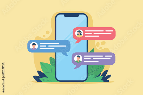 Flat design smartphone displaying chat bubbles with user avatars and messages for communication and messaging concepts