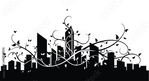 Organic city skyline with vines and leaves creating a natural, sustainable urban landscape.
