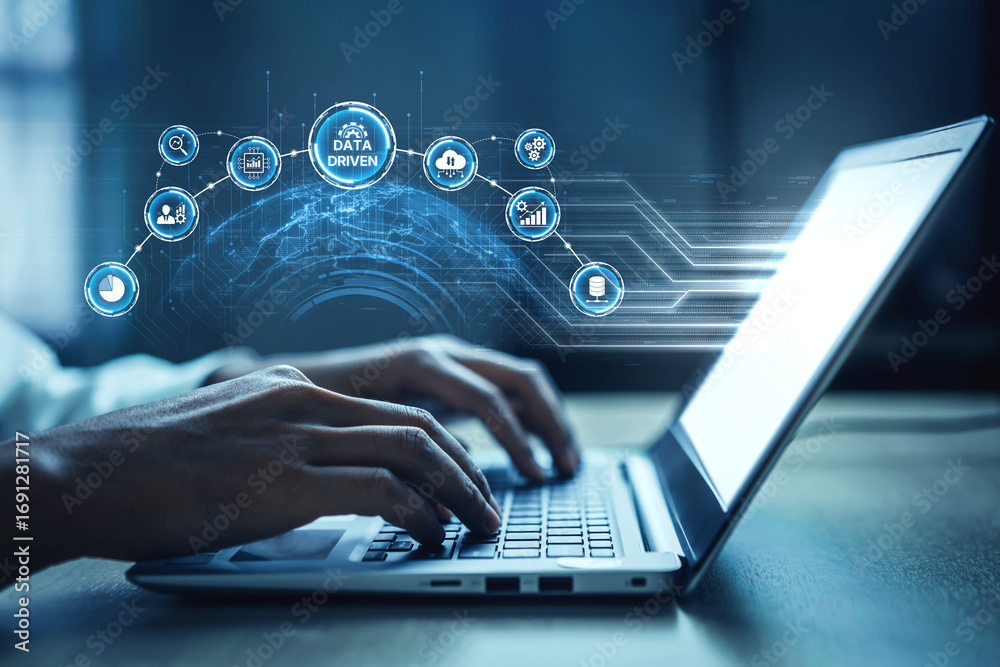 Obraz premium Data-driven decision-making empowers business through analytics, datum collection, and AI systems. Data driven tools support cloud data processing and data visualization across datum platforms. Spline