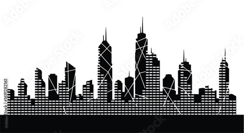 Sleek, modern cityscape silhouette against a stark white background, representing urban development and architectural ambition.