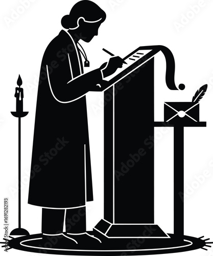 Silhouette of a person in a long coat writing at a lectern with a quill pen, illuminated by candlelight, with an envelope and quill on a side stand.